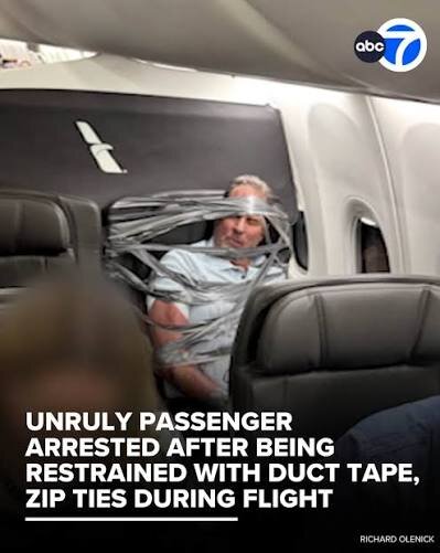 Unruly senior citizen air passenger tied with duct tape to seat